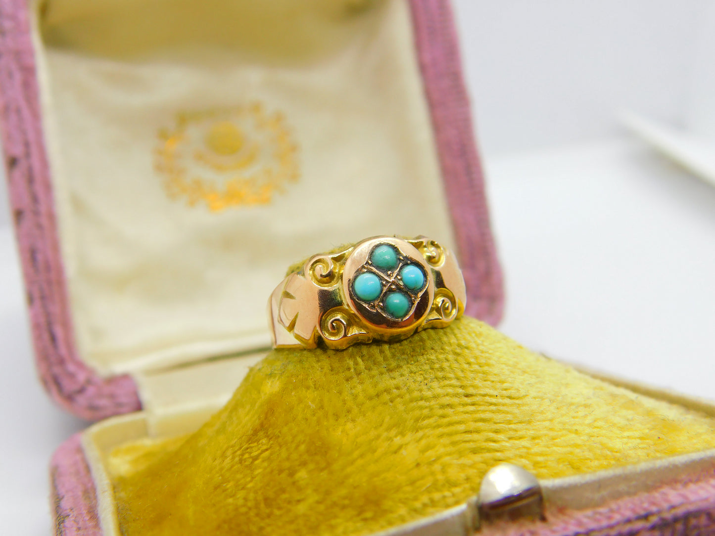 Edwardian 9ct Yellow Gold Turquoise Set Sweetheart Ring 1906 Chester Antique