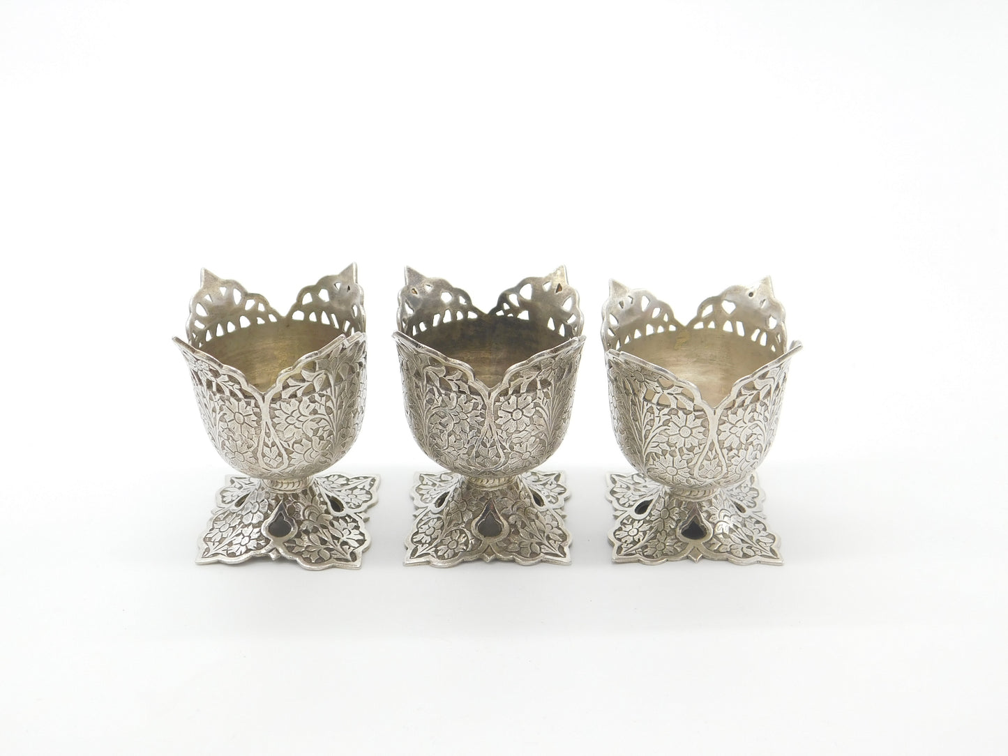 Set Of Three Victorian Sterling Silver Anglo-Indian Egg Cups Antique c1900