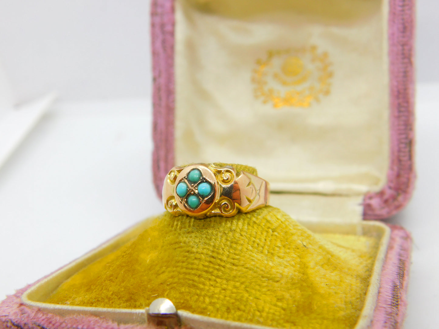 Edwardian 9ct Yellow Gold Turquoise Set Sweetheart Ring 1906 Chester Antique