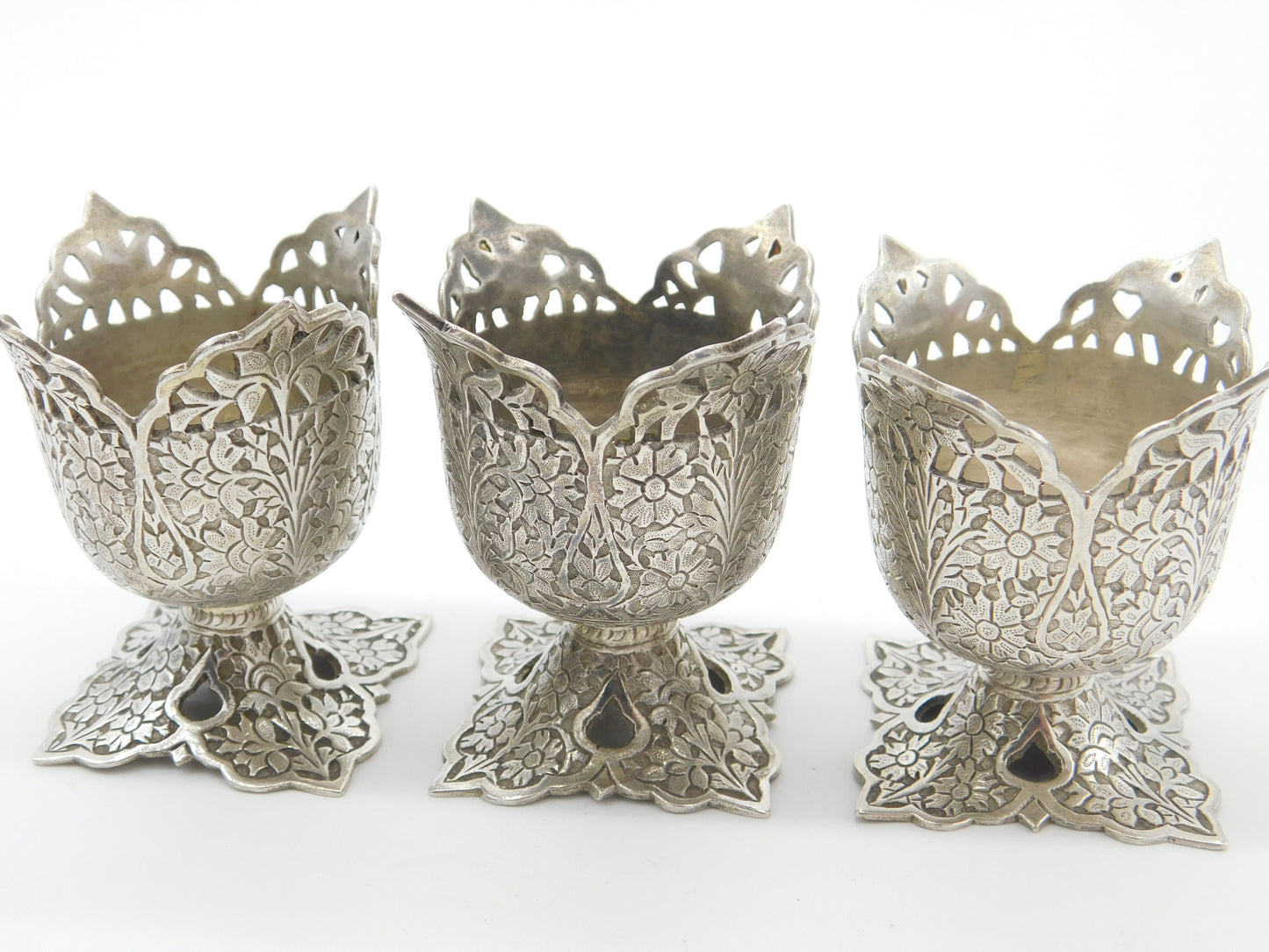 Set Of Three Victorian Sterling Silver Anglo-Indian Egg Cups Antique c1900