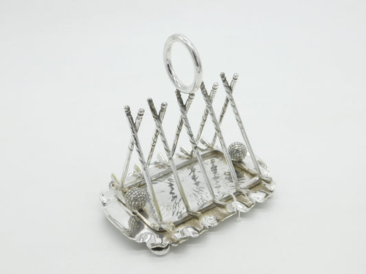 Silver Plated Novelty Golf Clubs & Balls Four Bar Toast Rack Antique c1920 Deco