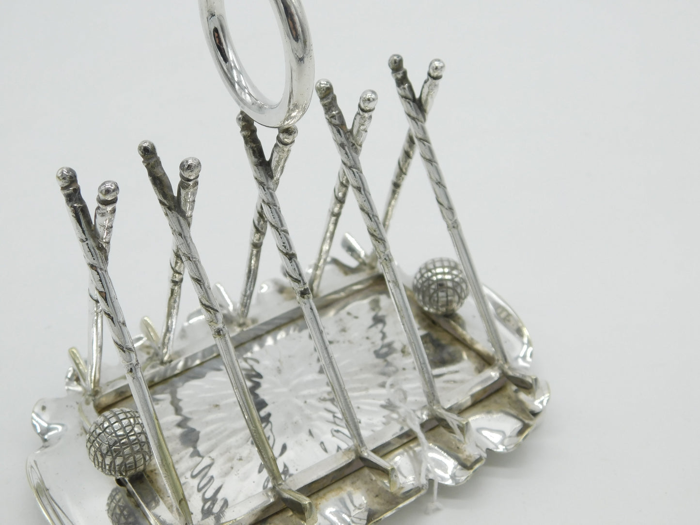 Silver Plated Novelty Golf Clubs & Balls Four Bar Toast Rack Antique c1920 Deco