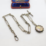 Victorian Sterling Silver Trombone Link Watch Chain with Coin Fob 1896 Antique
