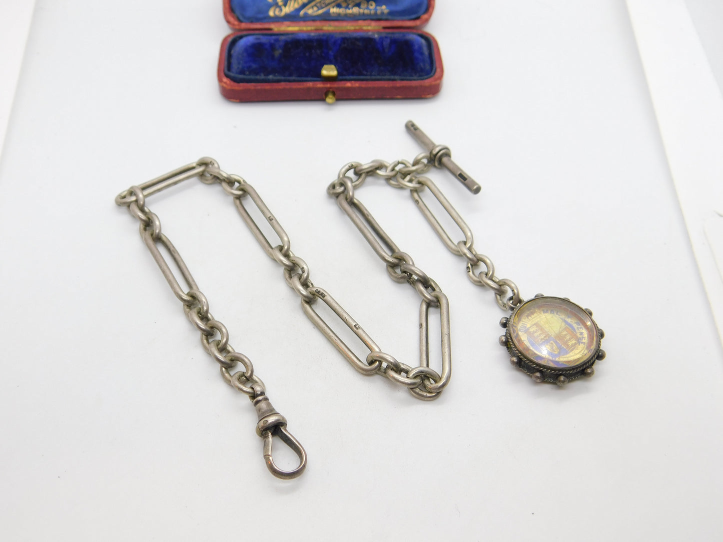 Victorian Sterling Silver Trombone Link Watch Chain with Coin Fob 1896 Antique