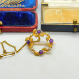15ct Yellow Gold, Amethyst & Seed Pearl Wreath Sweetheart Brooch Antique c1900