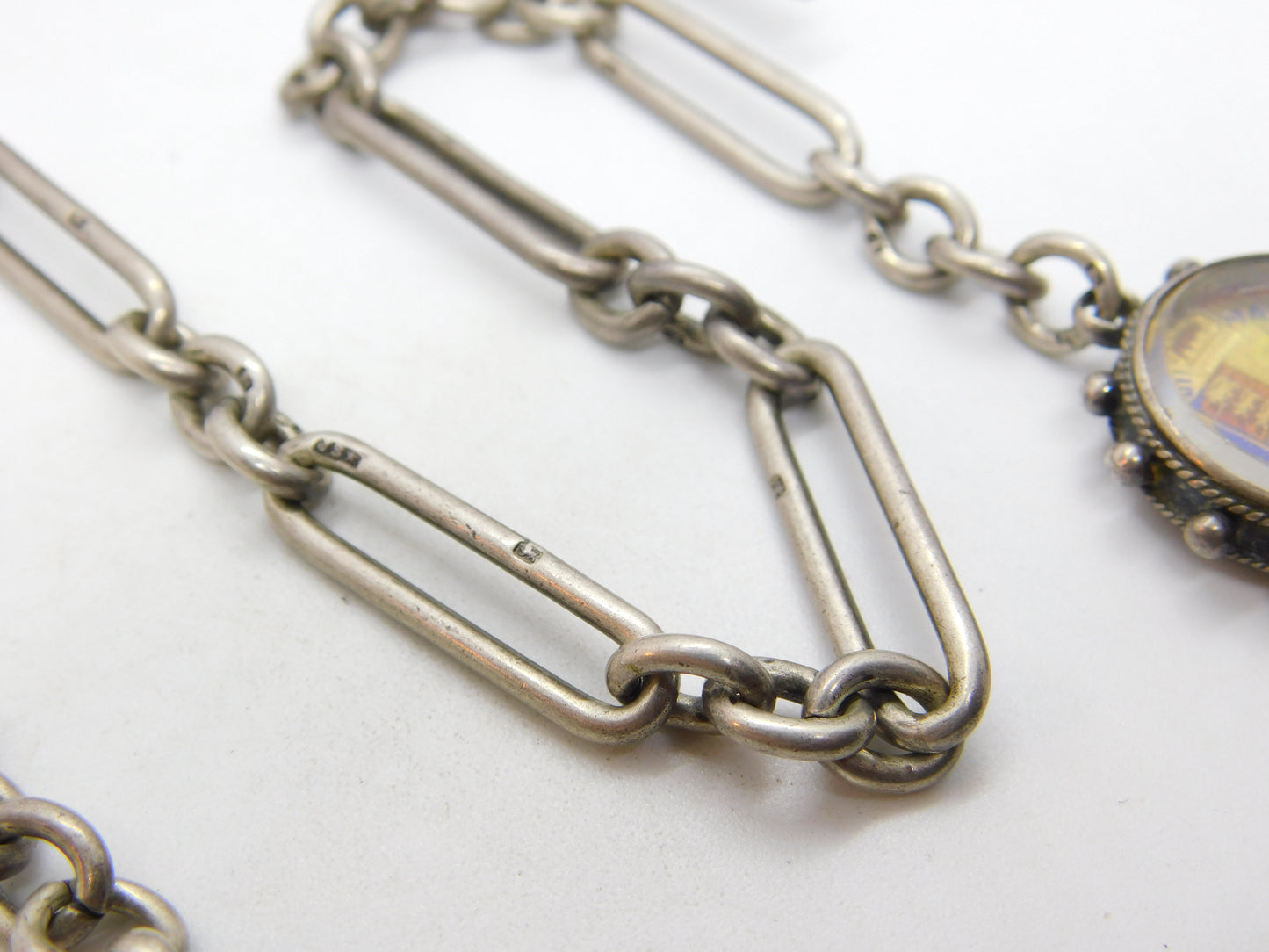 Victorian Sterling Silver Trombone Link Watch Chain with Coin Fob 1896 Antique