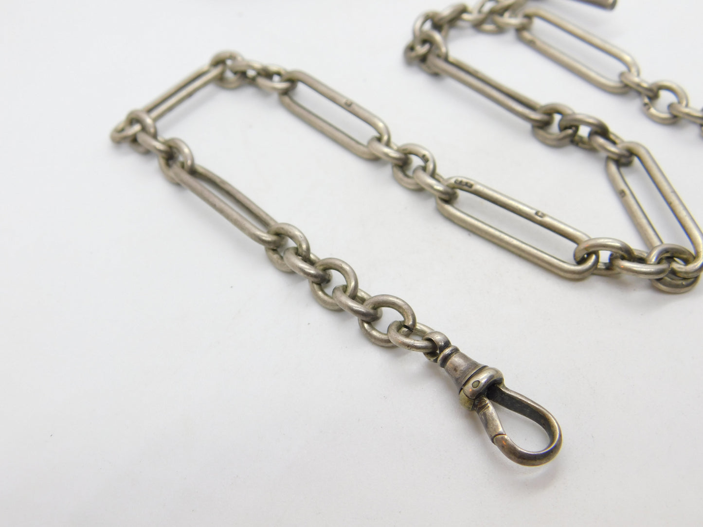 Victorian Sterling Silver Trombone Link Watch Chain with Coin Fob 1896 Antique