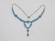 Art Nouveau Sterling Silver & Blue Enamel Floral Drop Necklace Antique c1880