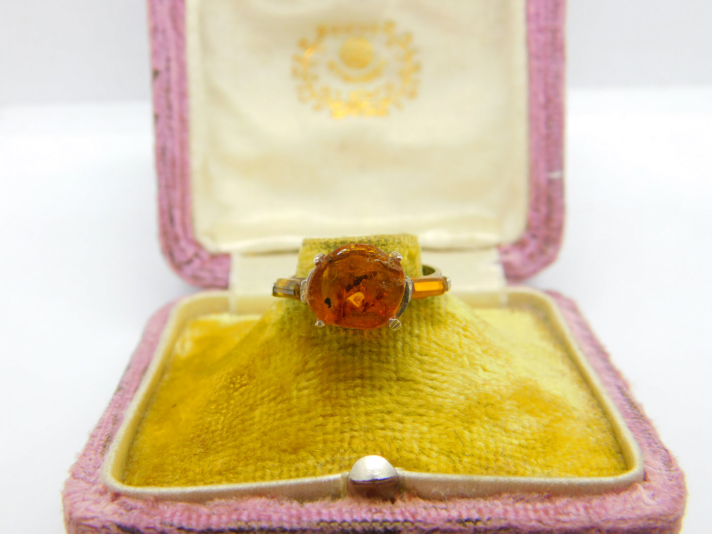 Victorian Sterling Silver & Natural Fossilised Bugs in Amber Ring c1860 Antique