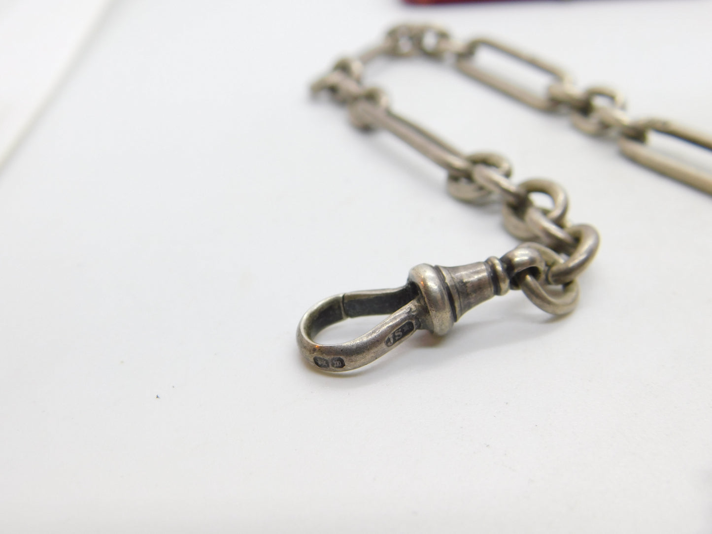 Victorian Sterling Silver Trombone Link Watch Chain with Coin Fob 1896 Antique