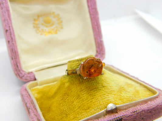 Victorian Sterling Silver & Natural Fossilised Bugs in Amber Ring c1860 Antique