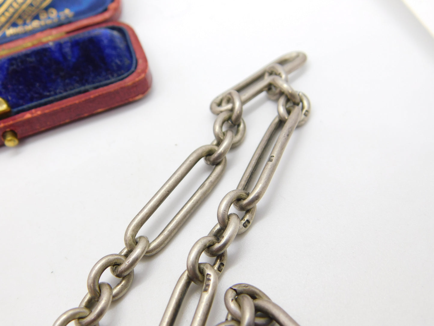 Victorian Sterling Silver Trombone Link Watch Chain with Coin Fob 1896 Antique