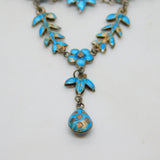 Art Nouveau Sterling Silver & Blue Enamel Floral Drop Necklace Antique c1880