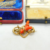 Victorian 9ct Yellow Gold & Red Coral Specimen Sweetheart Brooch Antique c1850