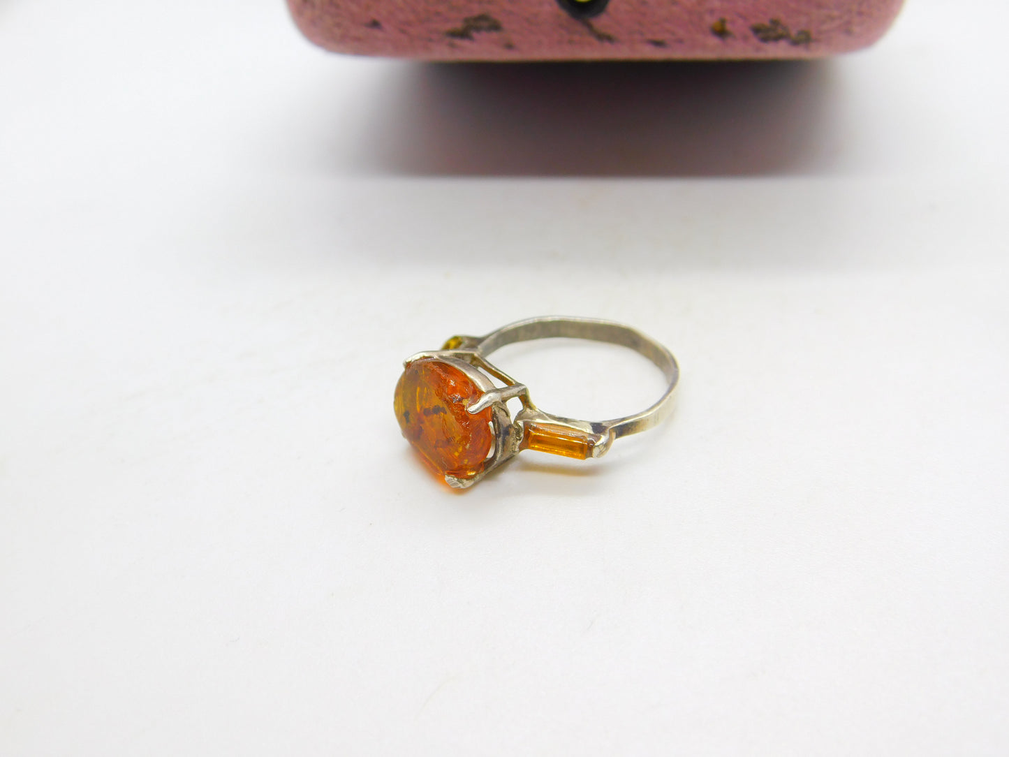 Victorian Sterling Silver & Natural Fossilised Bugs in Amber Ring c1860 Antique