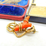 Victorian 9ct Yellow Gold & Red Coral Specimen Sweetheart Brooch Antique c1850