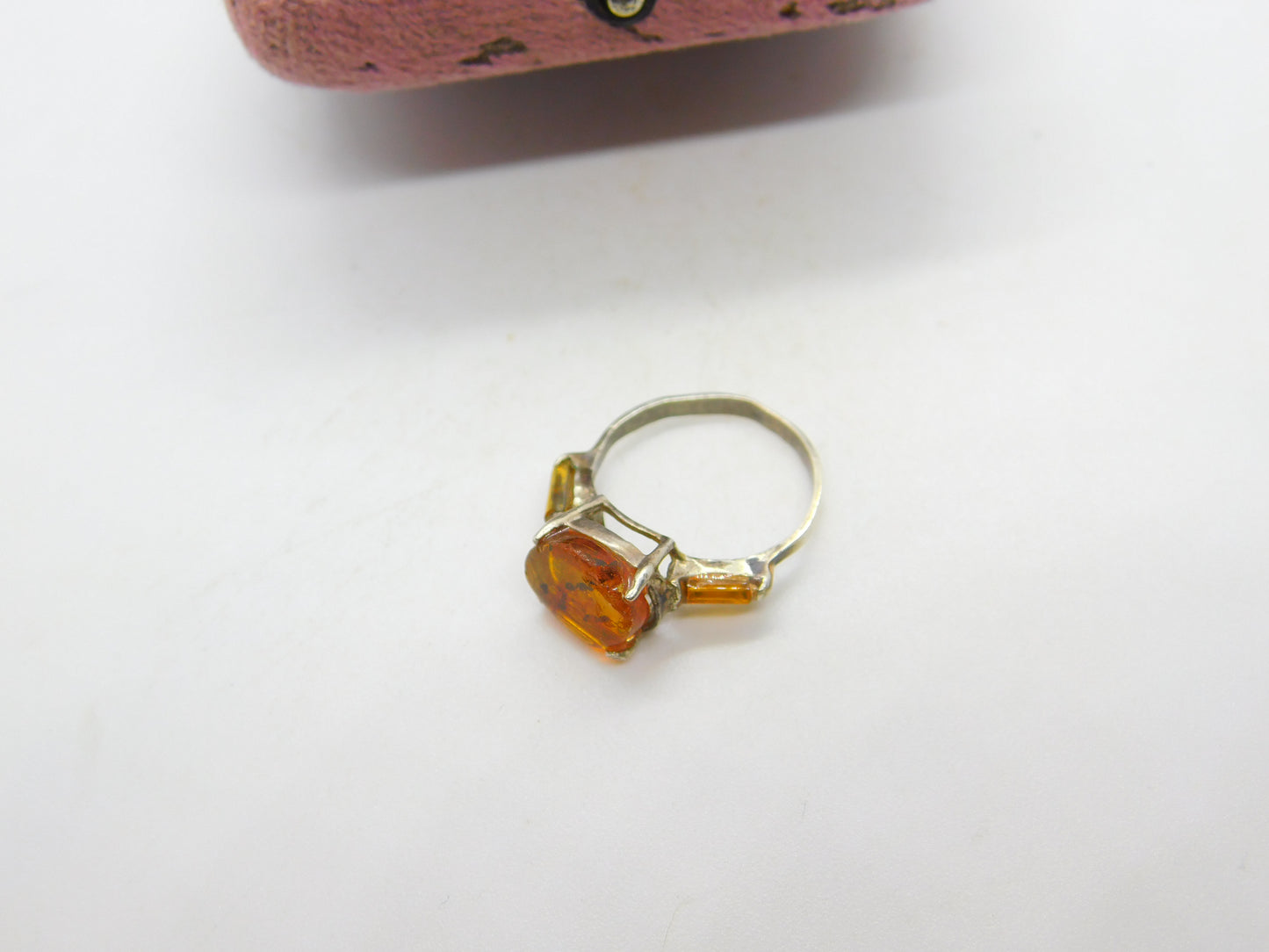 Victorian Sterling Silver & Natural Fossilised Bugs in Amber Ring c1860 Antique