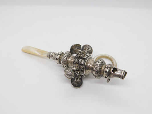 Victorian Sterling Silver Baby Rattle, Whistle & Teether Antique 1894 Birmingham