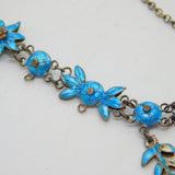 Art Nouveau Sterling Silver & Blue Enamel Floral Drop Necklace Antique c1880