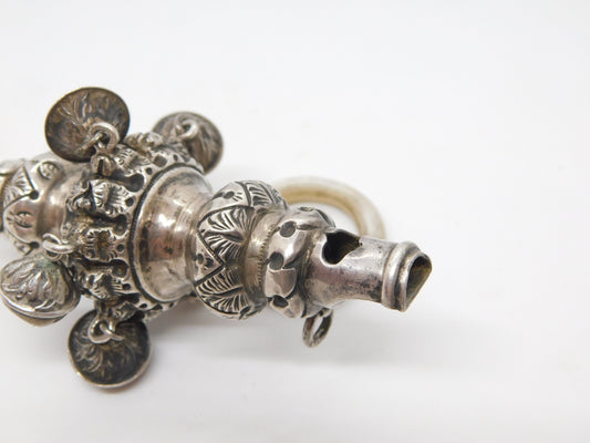 Victorian Sterling Silver Baby Rattle, Whistle & Teether Antique 1894 Birmingham