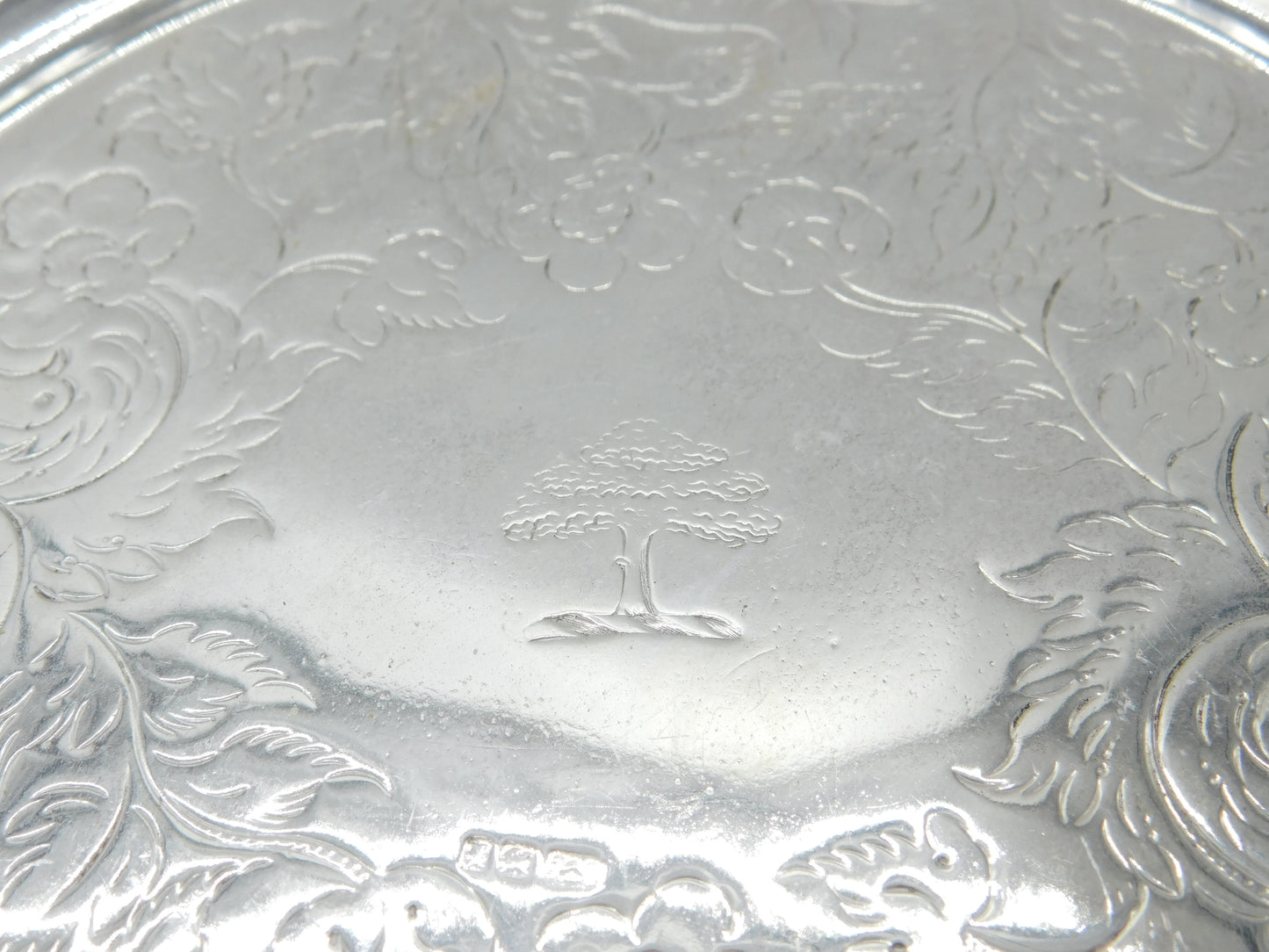 Sterling Silver Oak Tree Crest & Natural Patterns Serving Salver Antique c1915