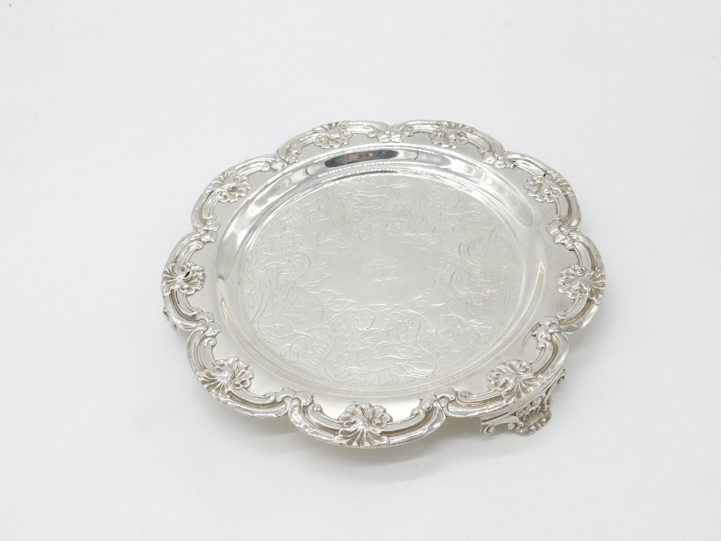 Sterling Silver Oak Tree Crest & Natural Patterns Serving Salver Antique c1915