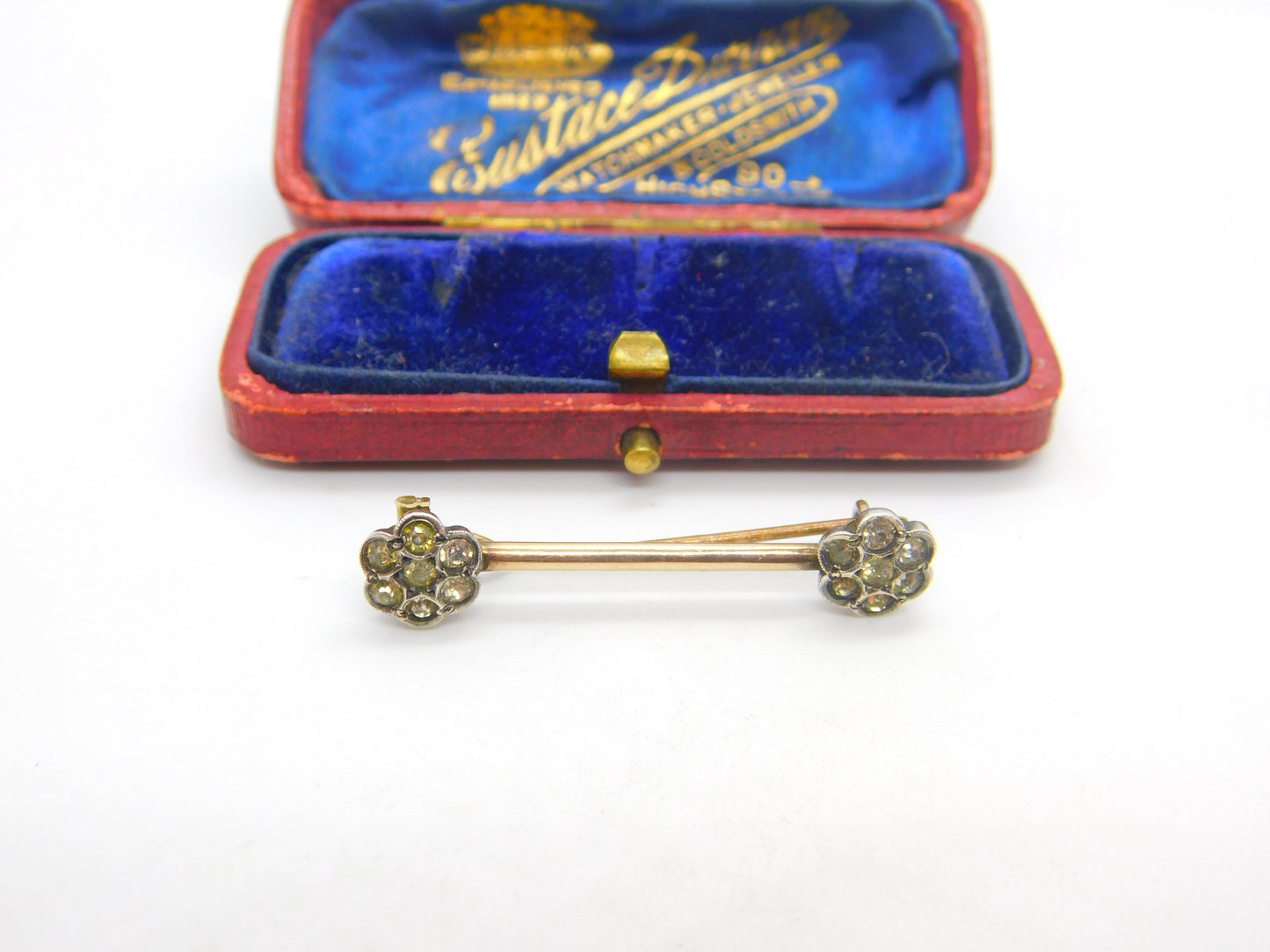 Victorian 9ct Gold & Sterling Silver Set Paste Floral Bar Brooch Antique c1860