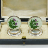 Boxed Sterling Silver Enamel Scottish Thistle Menu Holders 1912 Antique Deco