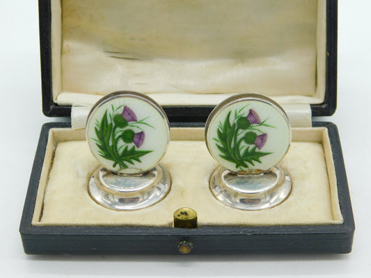 Boxed Sterling Silver Enamel Scottish Thistle Menu Holders 1912 Antique Deco