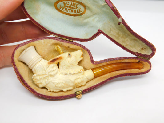 Victorian French Meerschaum & Block Amber Novelty Goat Pipe Antique 1900