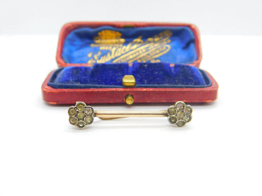 Victorian 9ct Gold & Sterling Silver Set Paste Floral Bar Brooch Antique c1860