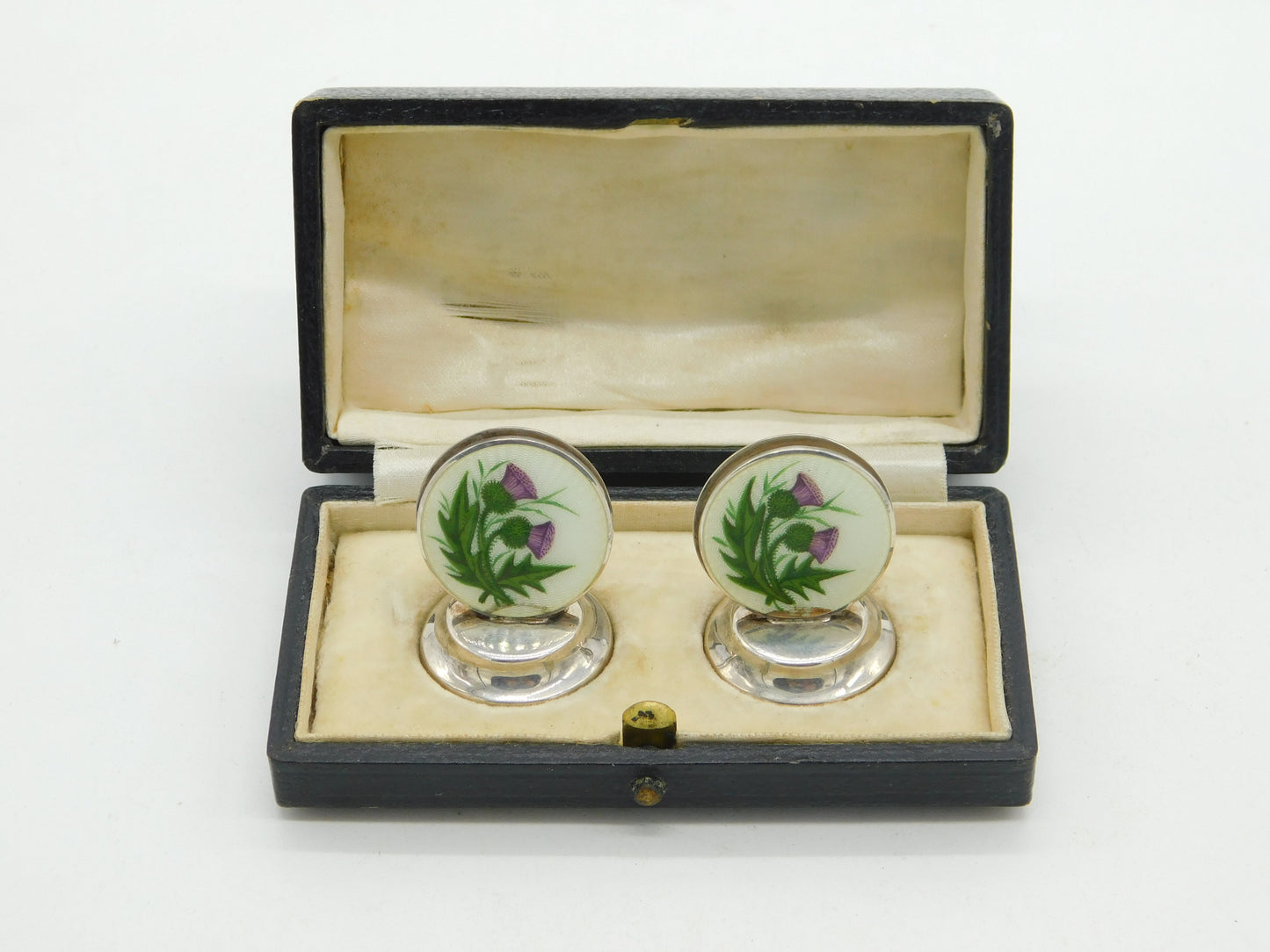 Boxed Sterling Silver Enamel Scottish Thistle Menu Holders 1912 Antique Deco