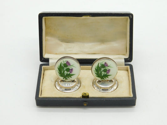 Boxed Sterling Silver Enamel Scottish Thistle Menu Holders 1912 Antique Deco