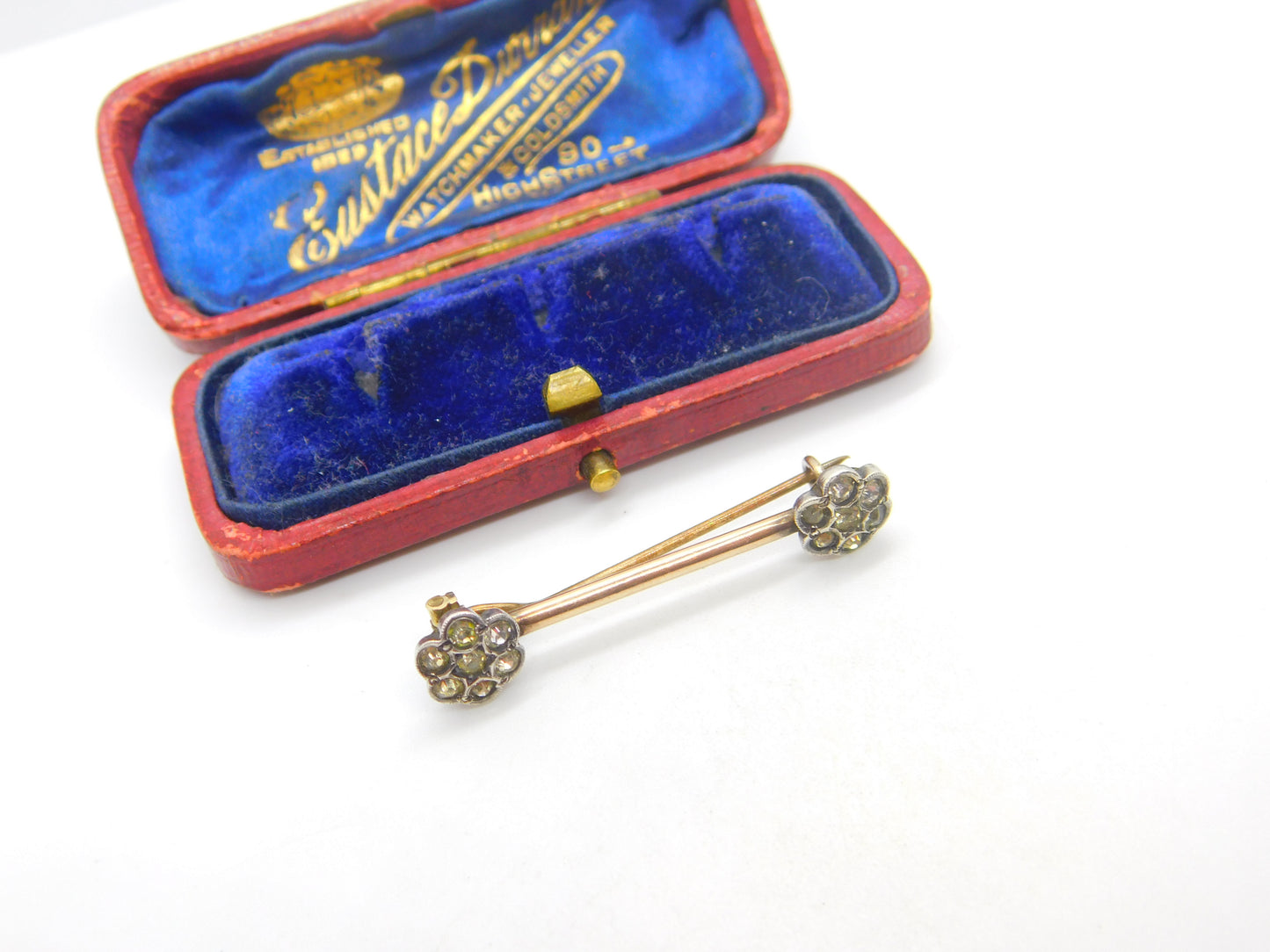 Victorian 9ct Gold & Sterling Silver Set Paste Floral Bar Brooch Antique c1860