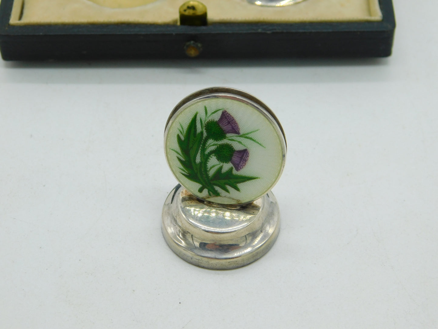 Boxed Sterling Silver Enamel Scottish Thistle Menu Holders 1912 Antique Deco