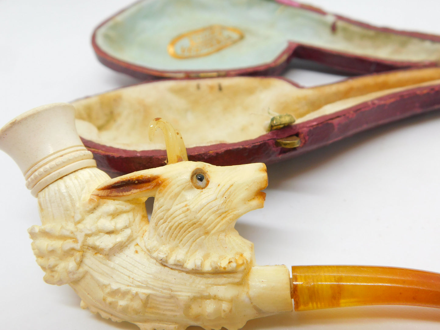 Victorian French Meerschaum & Block Amber Novelty Goat Pipe Antique 1900