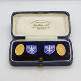 Boxed 9ct Yellow Gold & Blue-White Enamel Polish Crest Cufflinks 1933 Antique