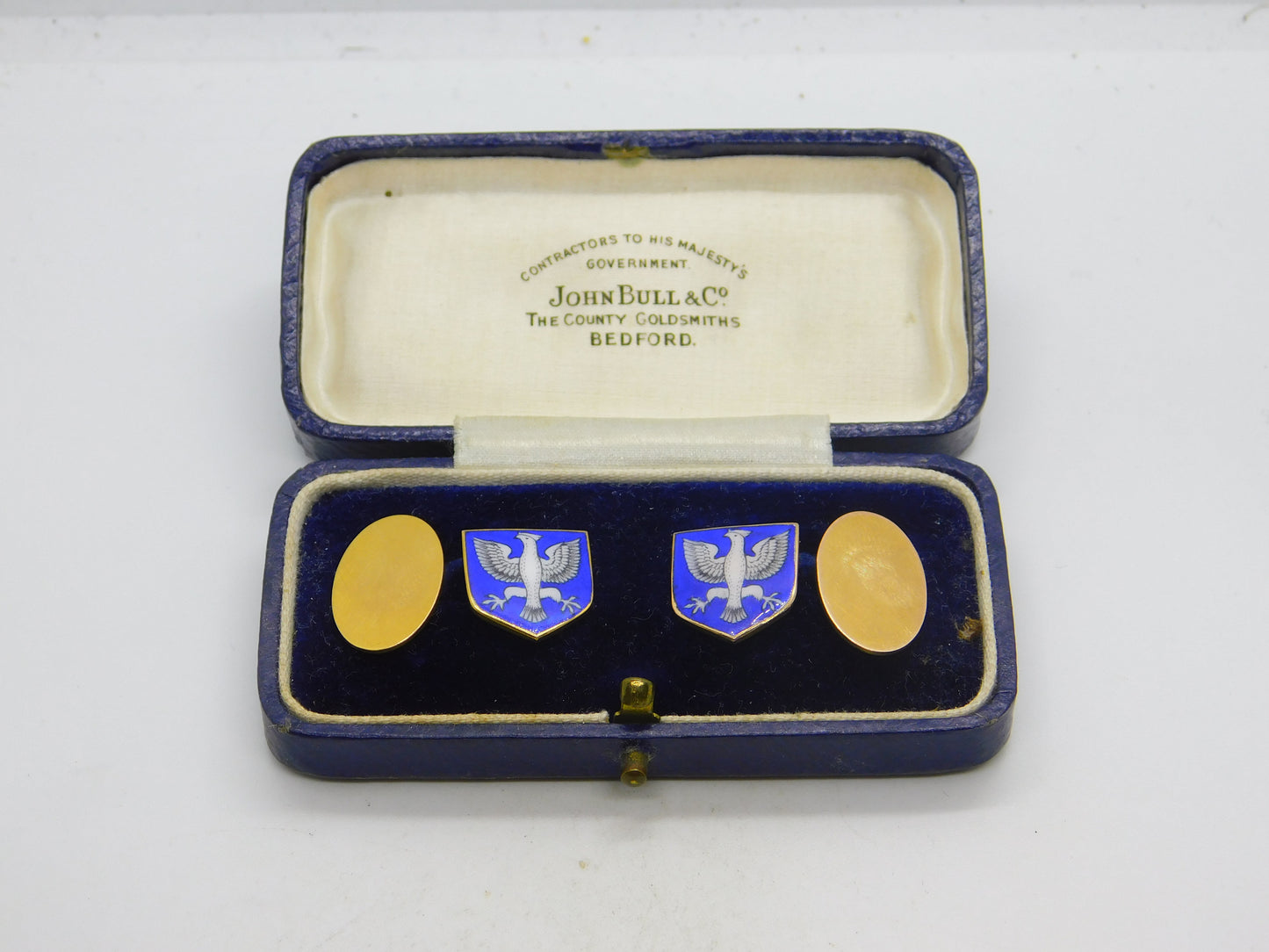 Boxed 9ct Yellow Gold & Blue-White Enamel Polish Crest Cufflinks 1933 Antique