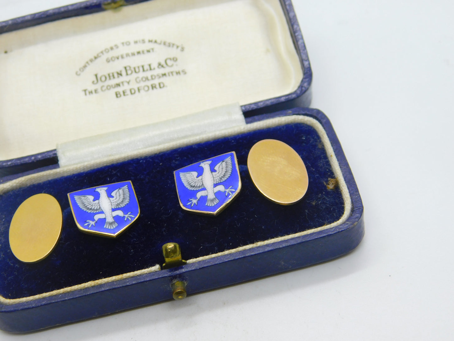 Boxed 9ct Yellow Gold & Blue-White Enamel Polish Crest Cufflinks 1933 Antique