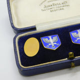 Boxed 9ct Yellow Gold & Blue-White Enamel Polish Crest Cufflinks 1933 Antique
