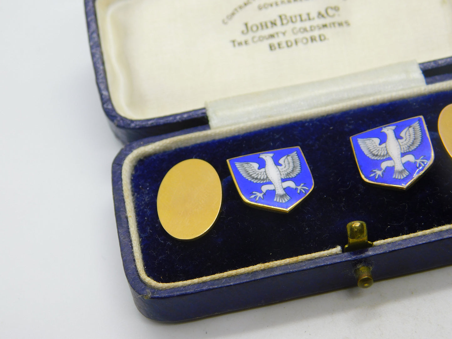 Boxed 9ct Yellow Gold & Blue-White Enamel Polish Crest Cufflinks 1933 Antique