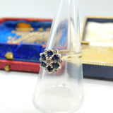 9ct Yellow Gold, Sapphire & Diamond Floral Cluster Ring Vintage c1970i