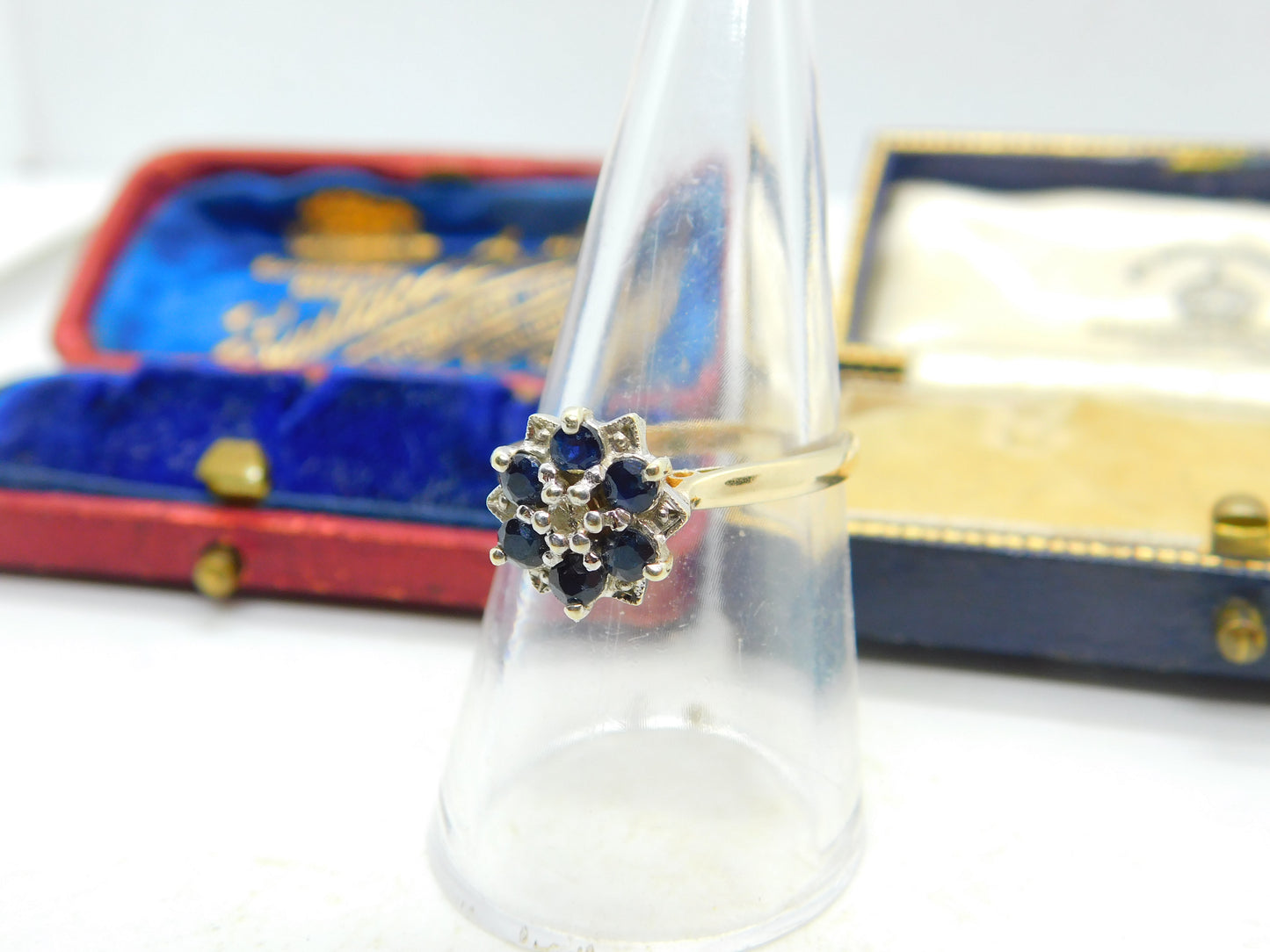 9ct Yellow Gold, Sapphire & Diamond Floral Cluster Ring Vintage c1970i