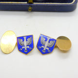 Boxed 9ct Yellow Gold & Blue-White Enamel Polish Crest Cufflinks 1933 Antique