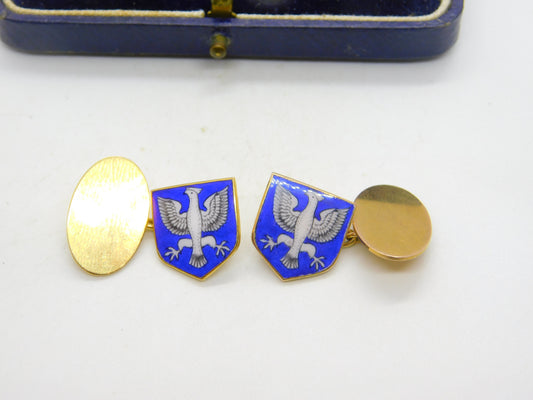 Boxed 9ct Yellow Gold & Blue-White Enamel Polish Crest Cufflinks 1933 Antique