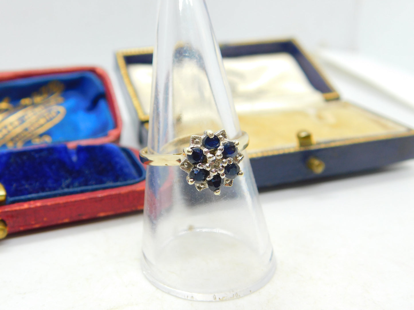 9ct Yellow Gold, Sapphire & Diamond Floral Cluster Ring Vintage c1970i