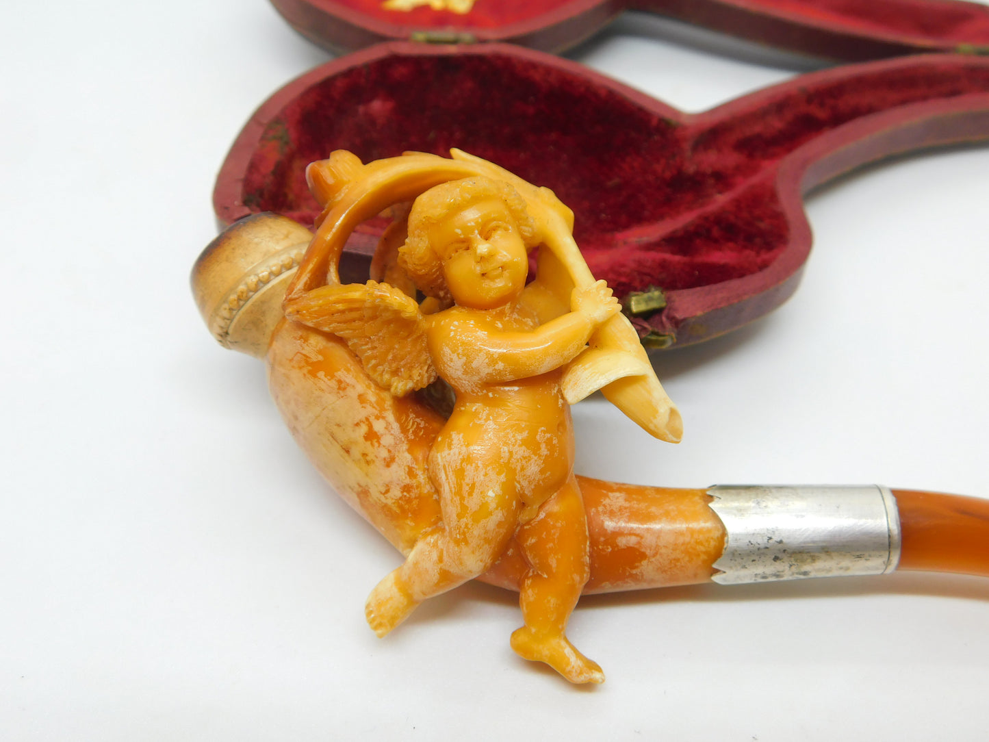 Victorian Cased Meerschaum, Silver & Block Amber Cherub Pipe Antique c1860