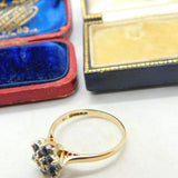 9ct Yellow Gold, Sapphire & Diamond Floral Cluster Ring Vintage c1970i