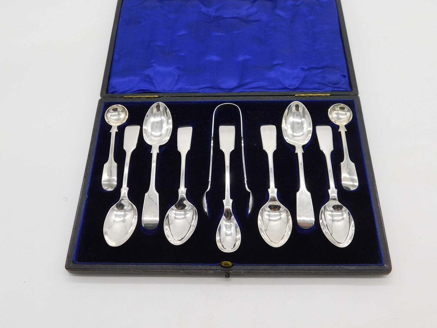 Edwardian Boxed Sterling Silver Teaspoons, Tongs & Mustards Set 1905 Sheffield