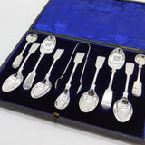 Edwardian Boxed Sterling Silver Teaspoons, Tongs & Mustards Set 1905 Sheffield